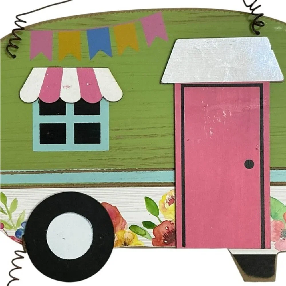 Camper Welcome Sign Colorful Wall Decor Retro Green Pink
